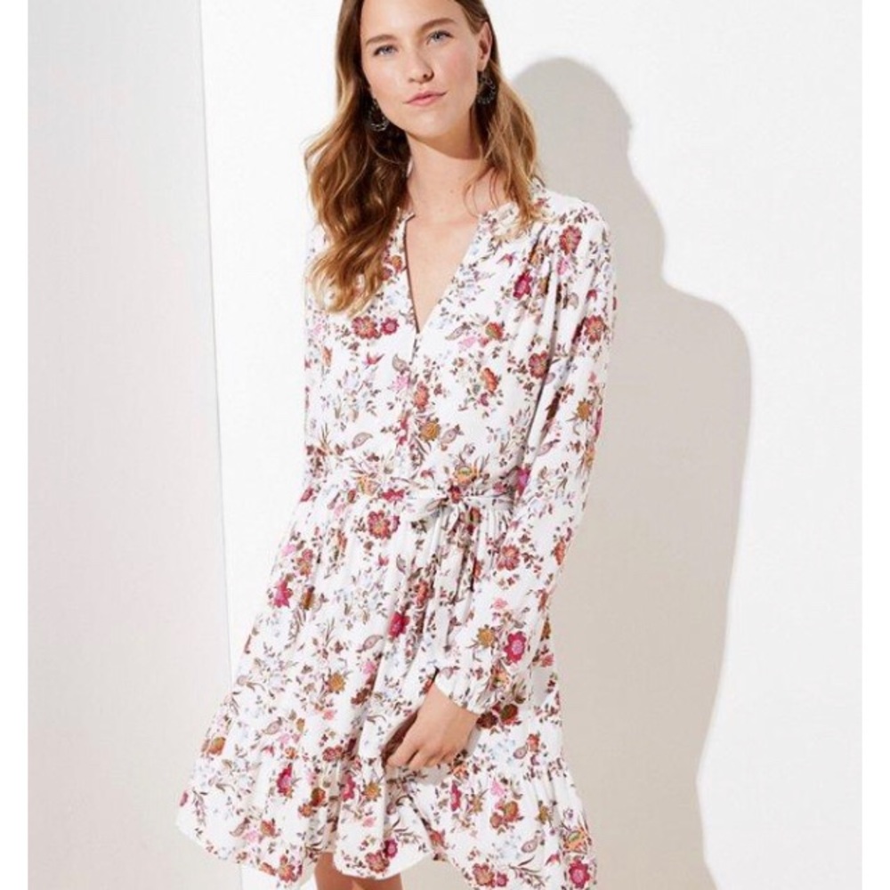 Loft Floral Ruffle Hem Dress in Whisper White